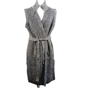 Joan Rivers, Black & White Marled Knit Sleeveles Cardigan Sweater Duster, Sz LRG